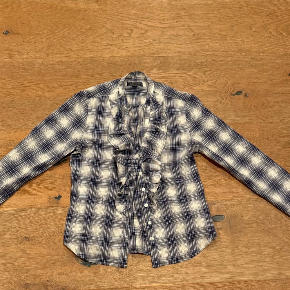 Vintage Polo Jeans Company - casual Blue and White Plaid Ruffle Blouse